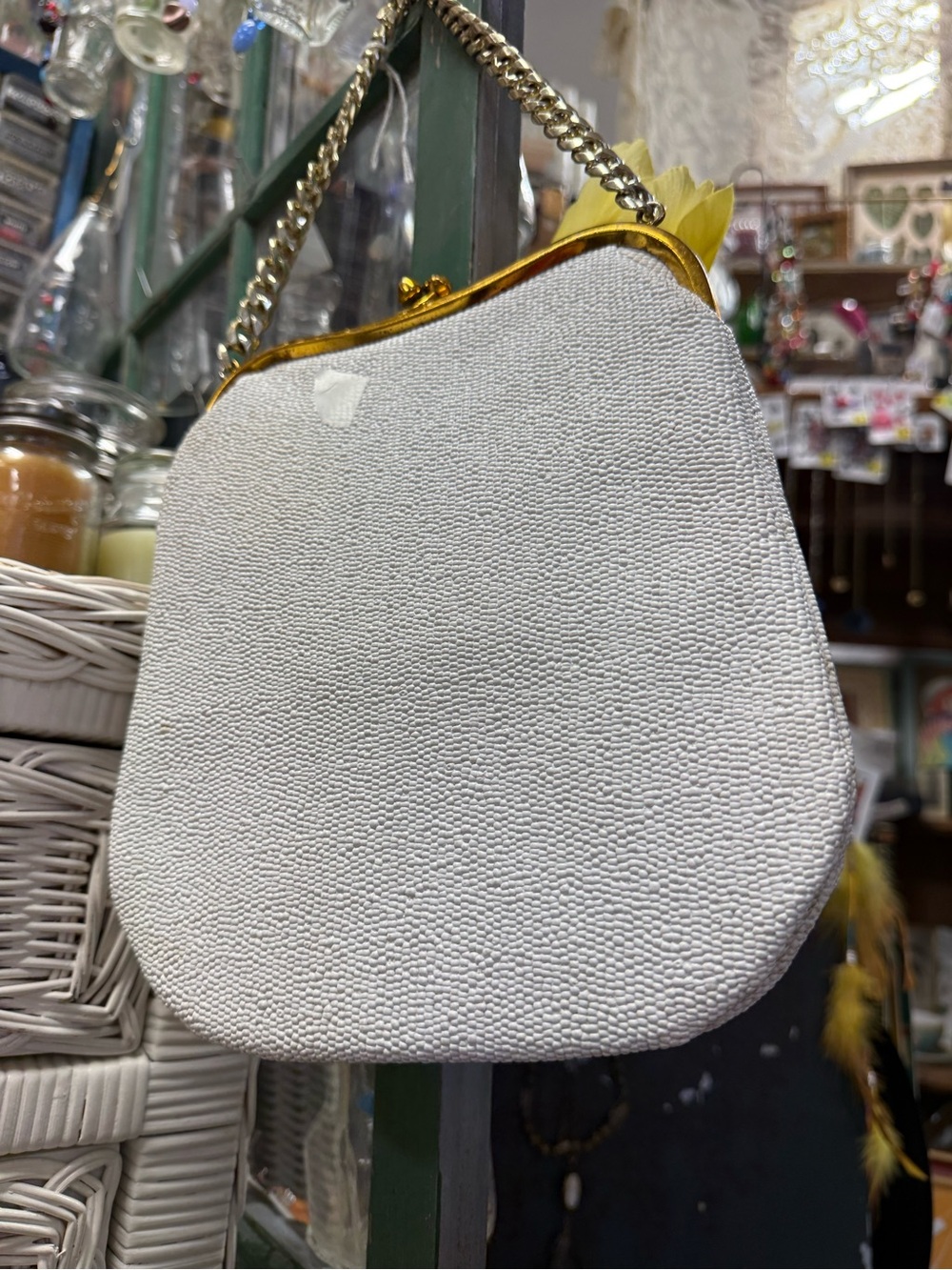 Classic White Textured Frame-Top Handbag with Gold Chain